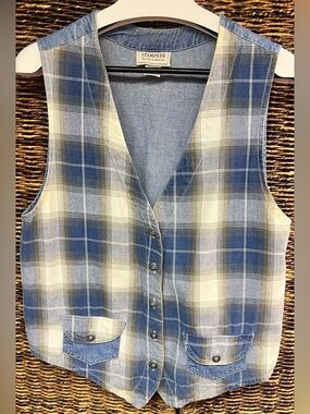 Stampede -Vintage, Wonens Blue Plaid Button Front Vest-Medium, Made in USA